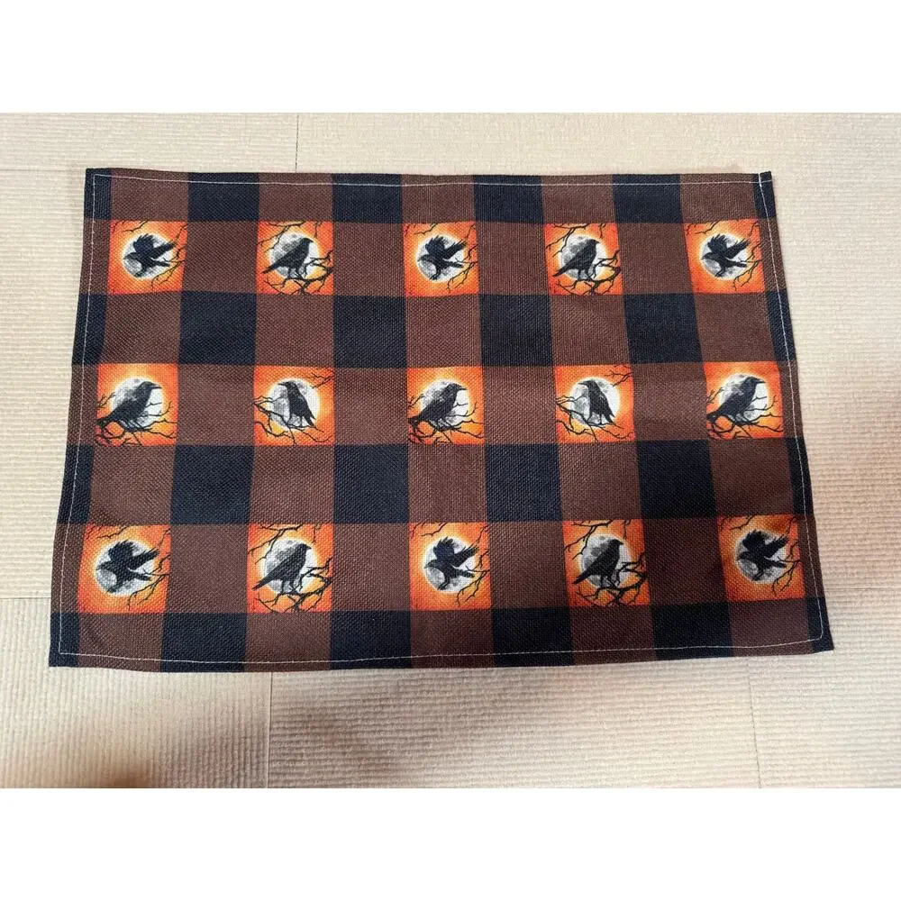Halloween Crow Placemats (5) Buffalo Plaid Full Moon Raven Gothic Autumn Fall